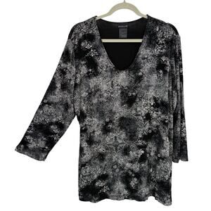 Citiknits Slinky Knit Tunic Size XL Black Beige Artsy Pattern 3/4 Sleeves Pullov